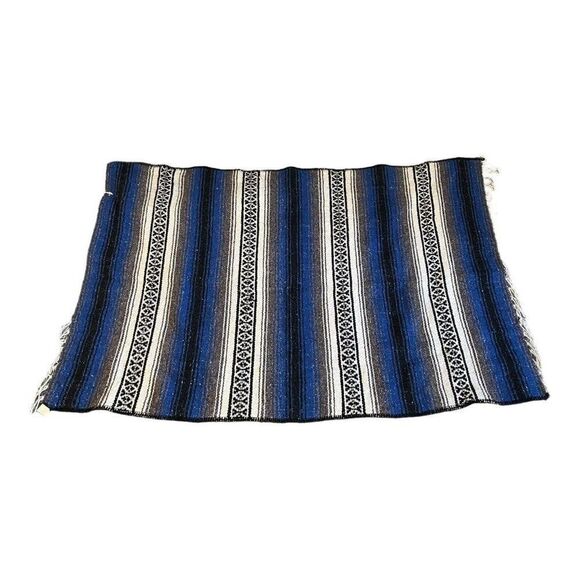 Vintage Mexican Sarape Blanket Rug Franks Textiles Southwest Striped Blue 39x61 - Picture 1 of 6